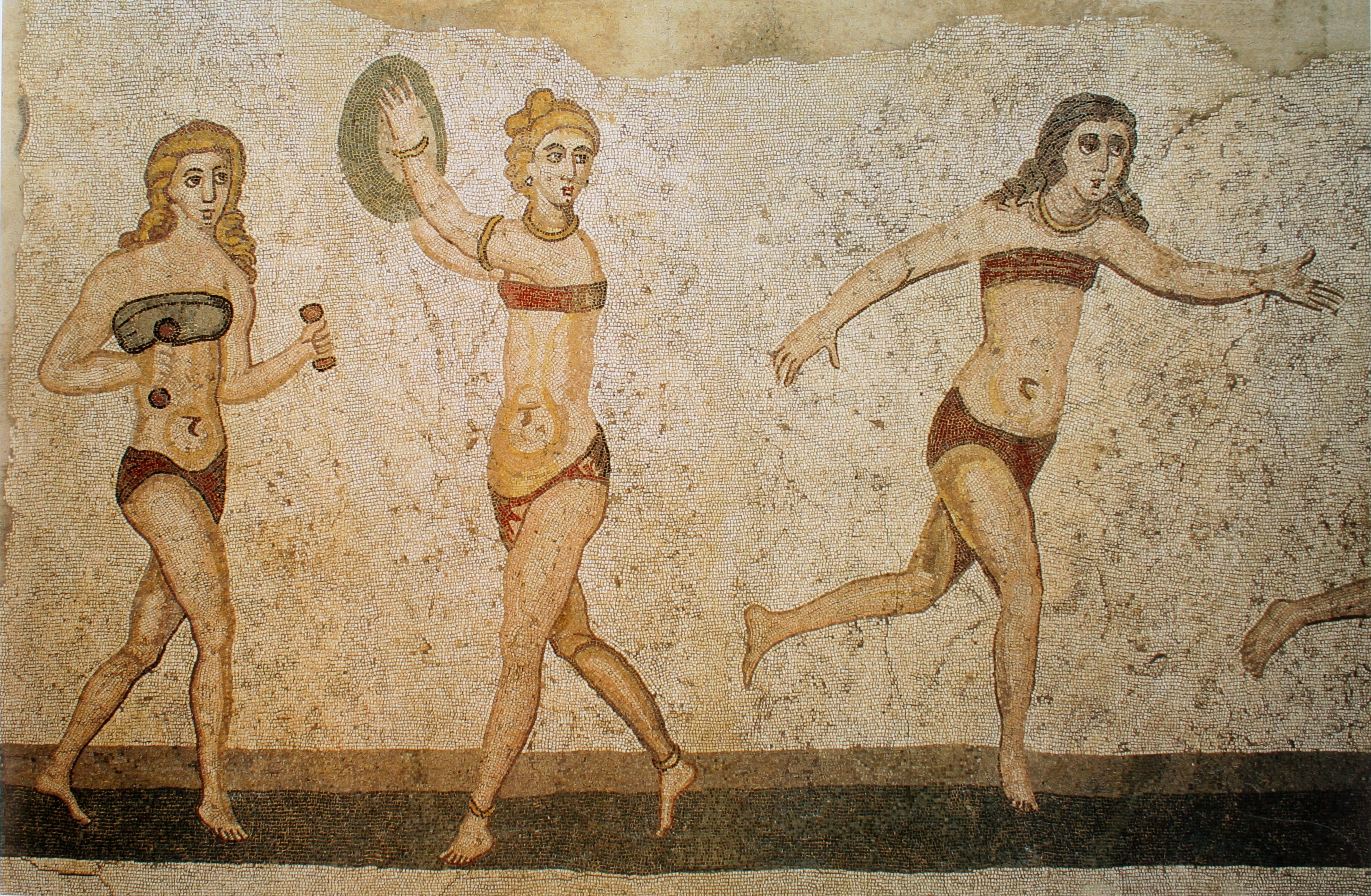 Mosaic of three women with bleached hair in ancient Roman attire on a textured wall.